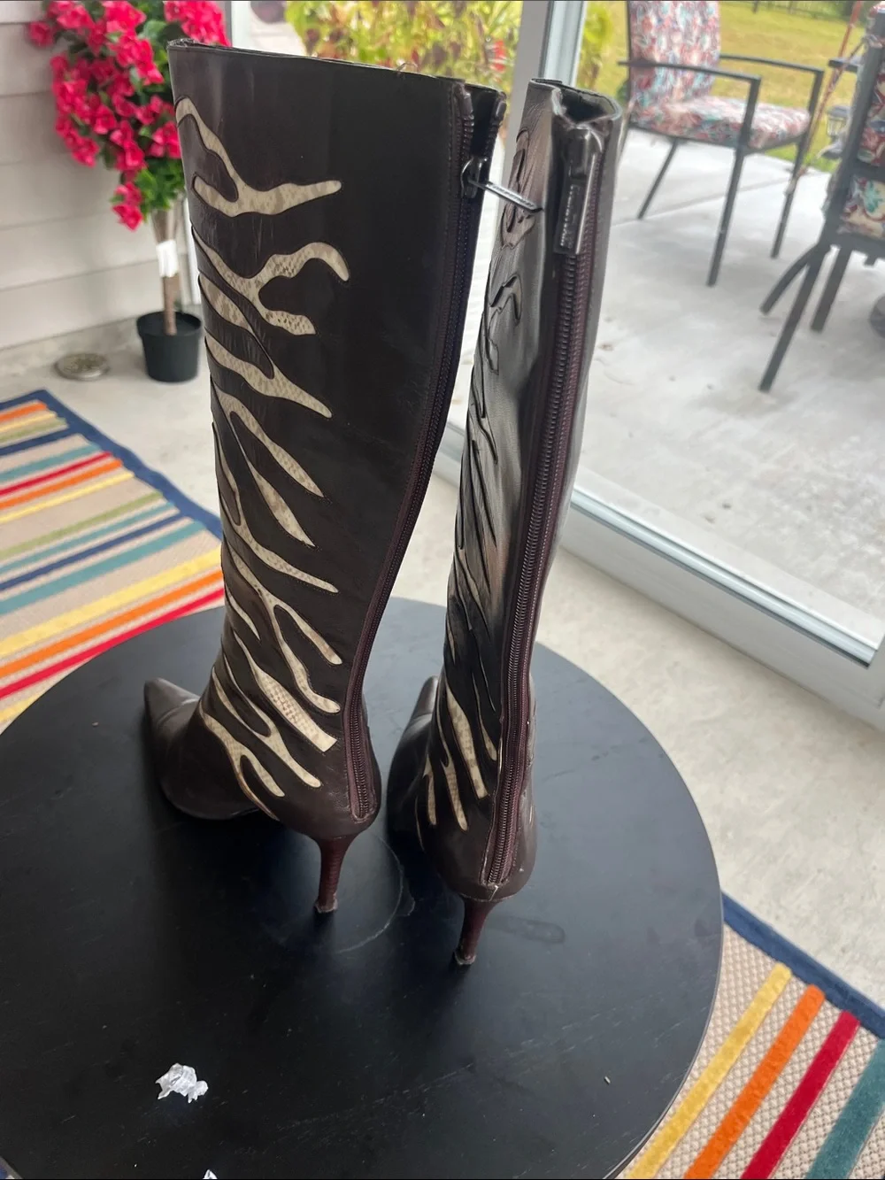 Colin Stuart Black Knee-High Pointed Toe Boots with Metallic Zebra Accent